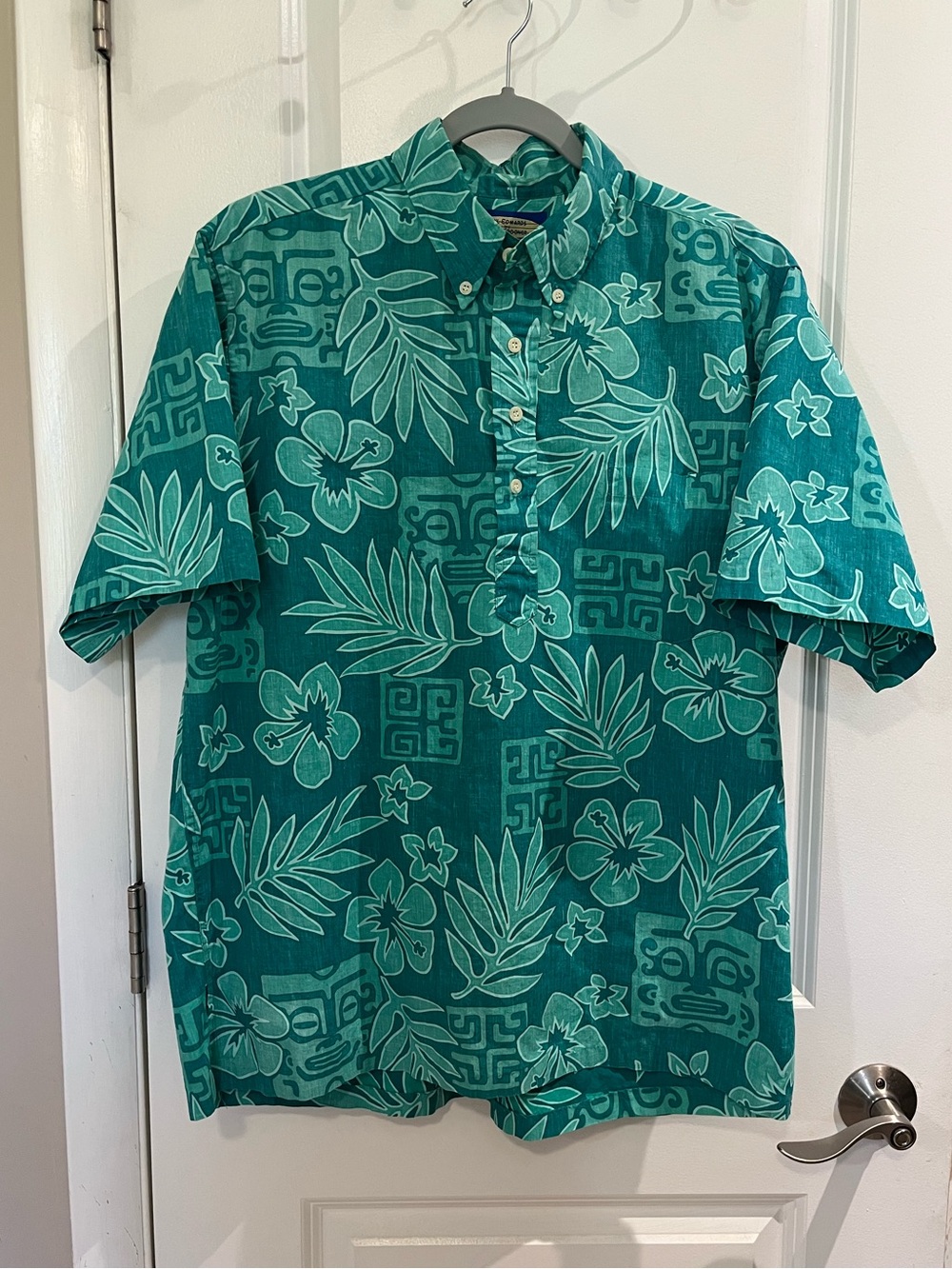 Vintage Reyn Spooner Phil Edwards Hawaiian Shirt Sz L Tiki Motif Teal Luau Surf